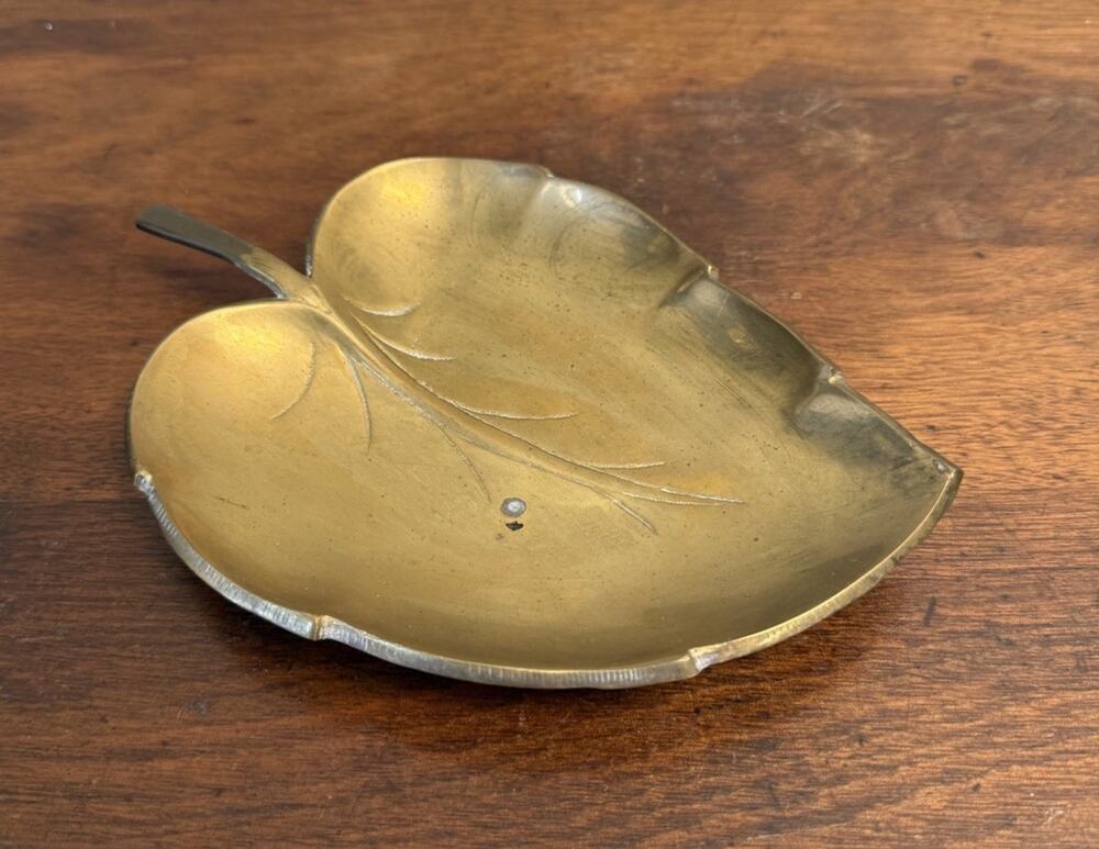 Vintage Solid Brass Leaf Dish Tray Made in India Botanical Decor 7.375"